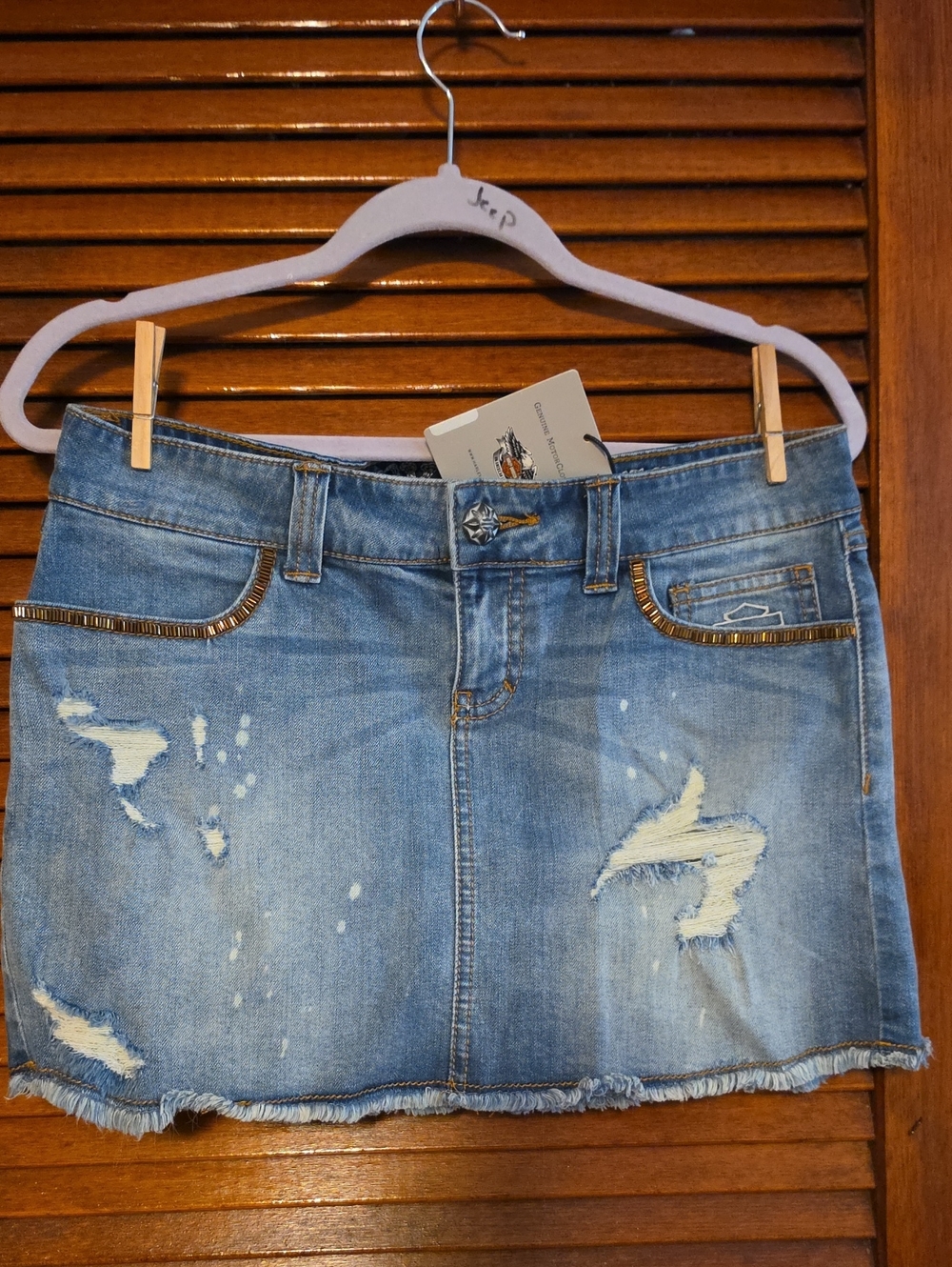Harley-Davidson Light Blue Distressed Denim Mini Skirt with Stud Trim
